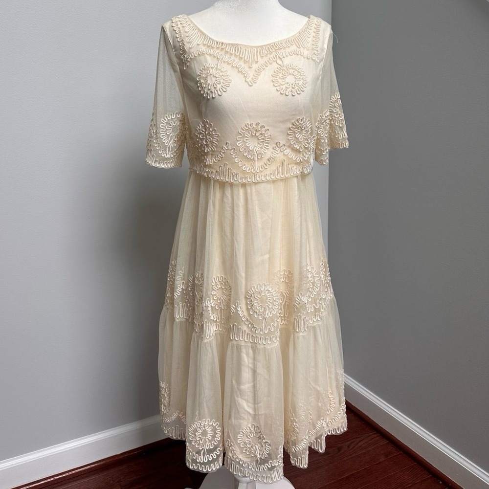 Vintage Y2K Cottagecore Valley Girl Tulle Embroidered Summer Picnic Ivory Dress